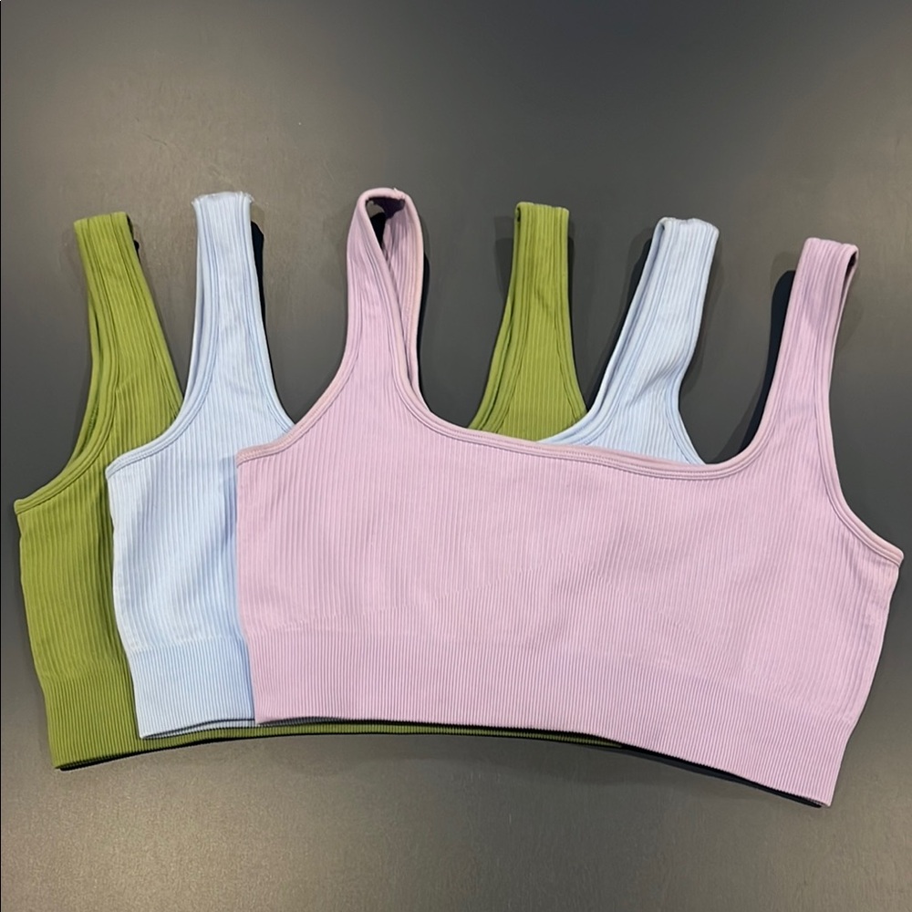 Set of Three Ribbed Crop Tops in Purple, Blue, and Green